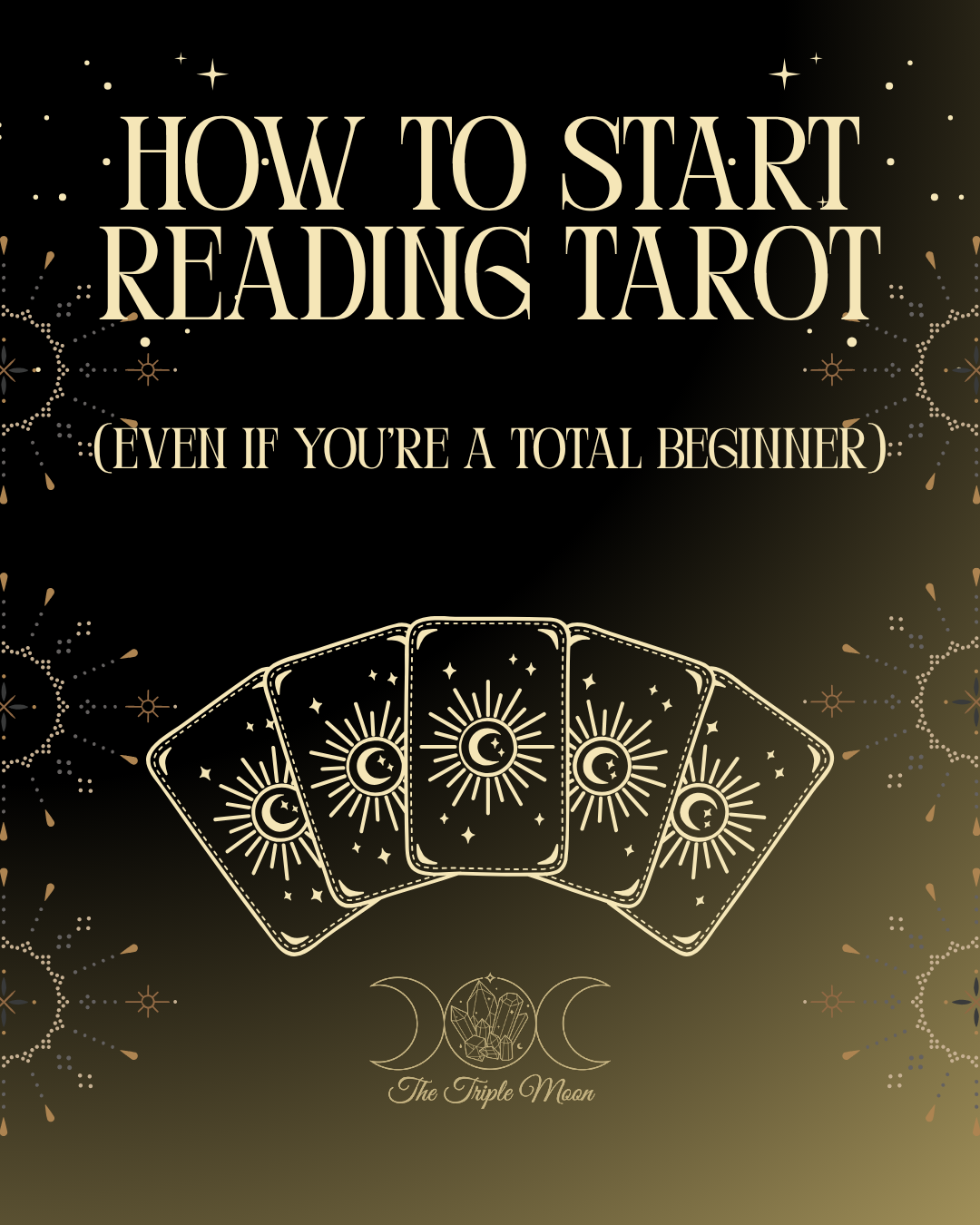Soft celestial background with the text “Beginner’s Guide to Tarot” — gentle spiritual design promoting The Triple Moon Blog post on how to do a tarot reading for beginners.
