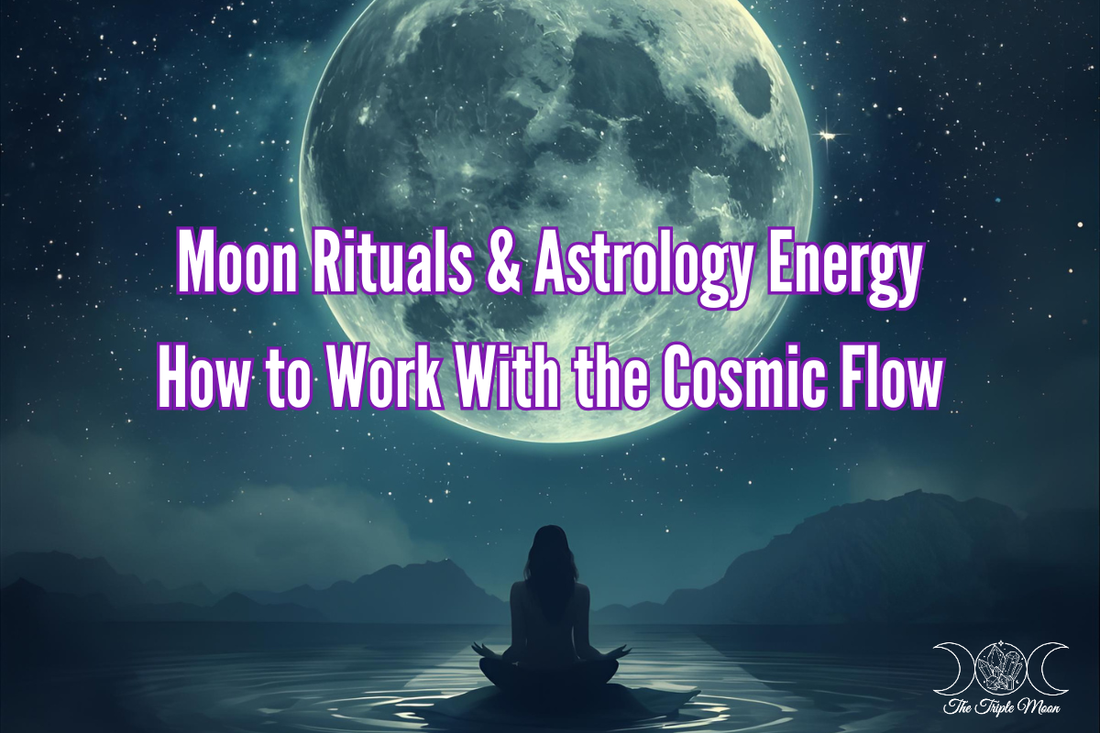 A woman sits calmly beneath a glowing full moon reflected over still water, surrounded by stars. The image represents moon rituals, astrology energy, and finding balance through cosmic flow — from The Triple Moon Blog.