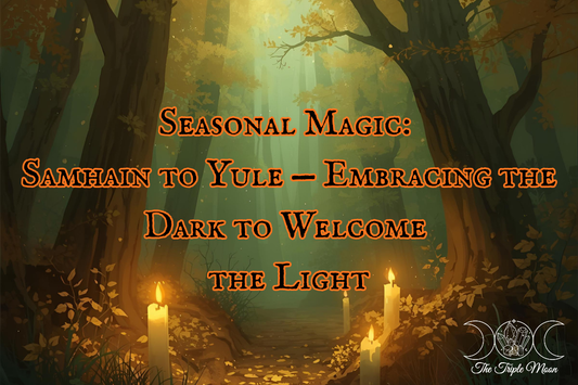Moody forest path lit by candles with warm autumn light — symbolic of the journey from Samhain to Yule. Pin for “Seasonal Magic: Samhain to Yule” from The Triple Moon Blog by Caroline.