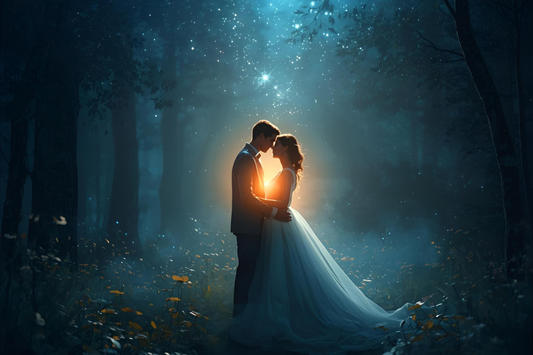 Two figures meeting under starlight, symbolising soul mate connection and harmony. Neutral celestial tones from The Triple Moon Blog.