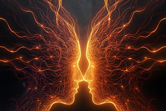 Two souls connected through light and reflection, symbolising Twin Flame energy and spiritual awakening. Soft celestial tones from The Triple Moon Blog.