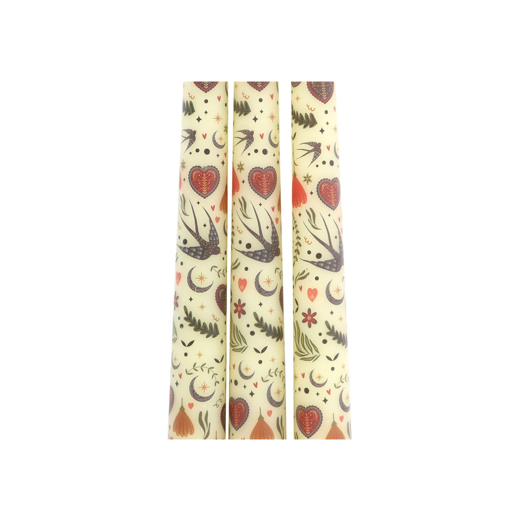 Set of 3 Cream Midnight Bloom Print Taper Candles