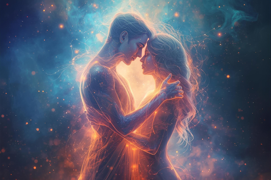 elestial depiction of two souls parting in peace, symbolising karmic release and spiritual liberation. Soft neutral tones from The Triple Moon Blog.