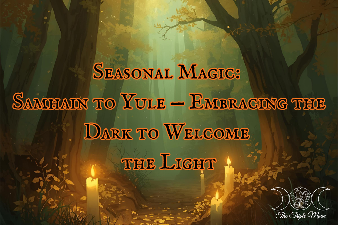 Moody forest path lit by candles with warm autumn light — symbolic of the journey from Samhain to Yule. Pin for “Seasonal Magic: Samhain to Yule” from The Triple Moon Blog by Caroline.