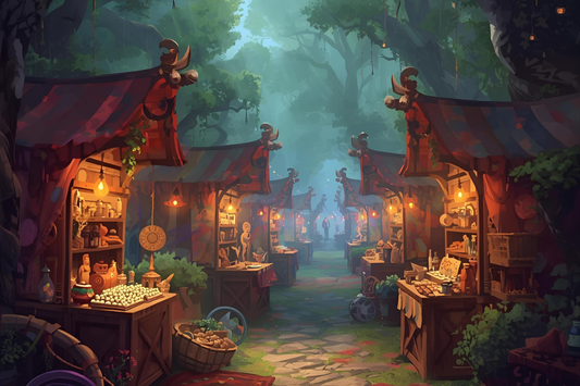 A magical forest-themed spiritual fayre with glowing lanterns and wooden market stalls.