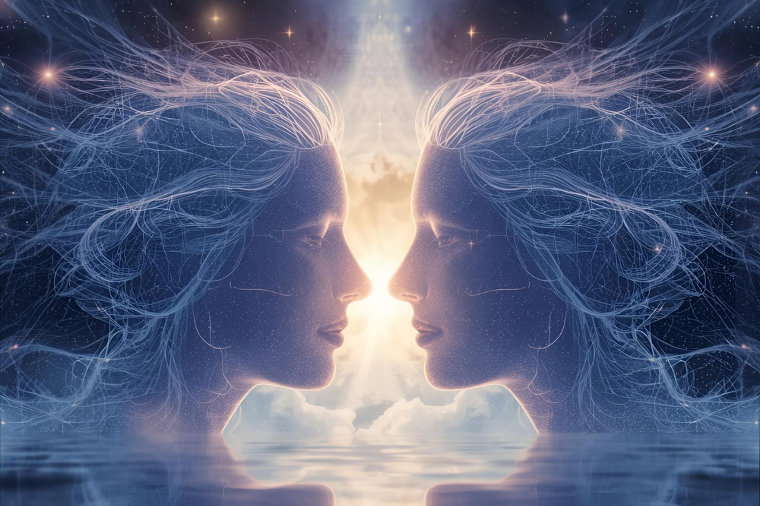 Soft energy cords glowing between two souls, symbolising emotional and spiritual connection. Neutral celestial aesthetic from The Triple Moon Blog.