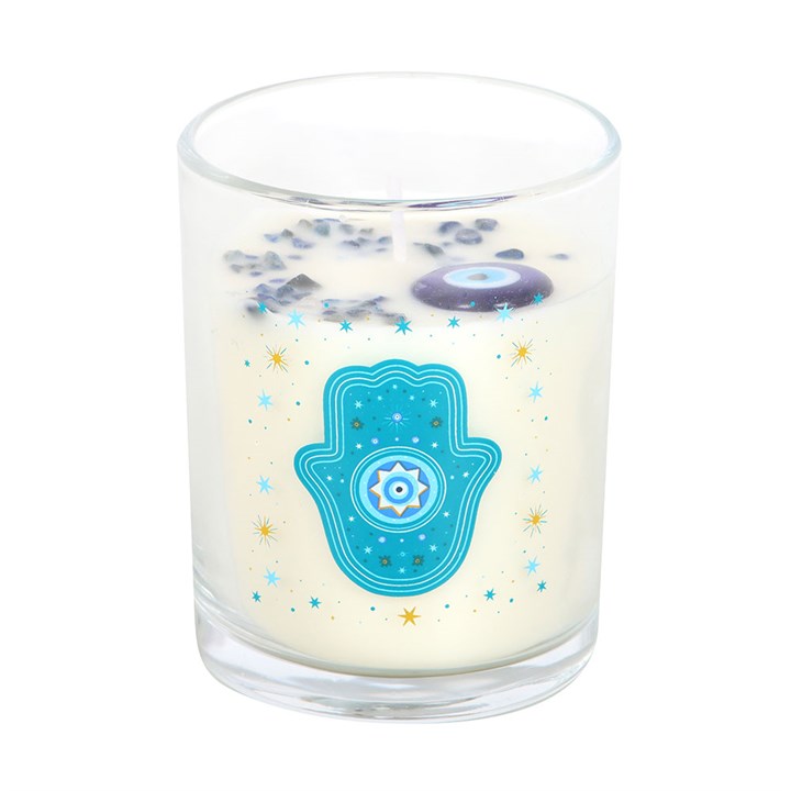 Hand of Hamsa White Rose Candle with Crystals